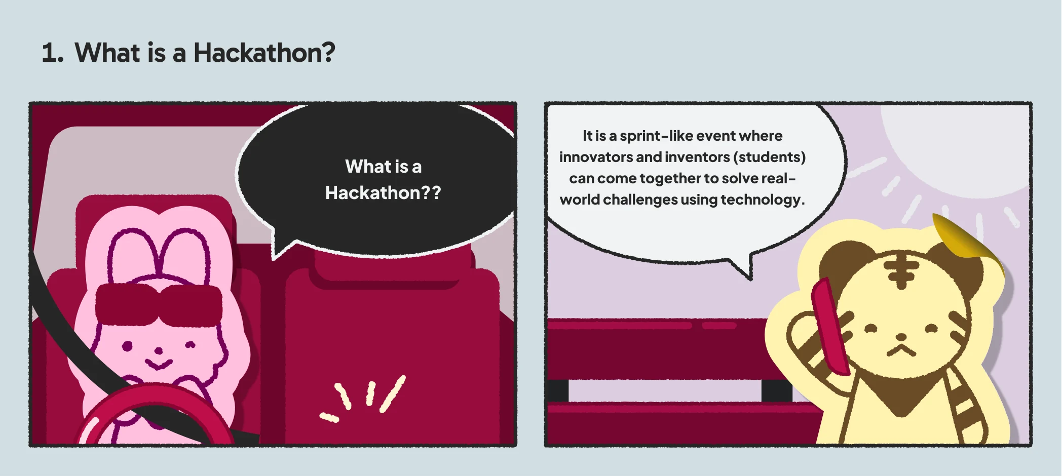 Comic 1: What is a Hackathon? It is a sprint-like event where innovators and inventors (students) can come together to solve real-world challenges using technology.