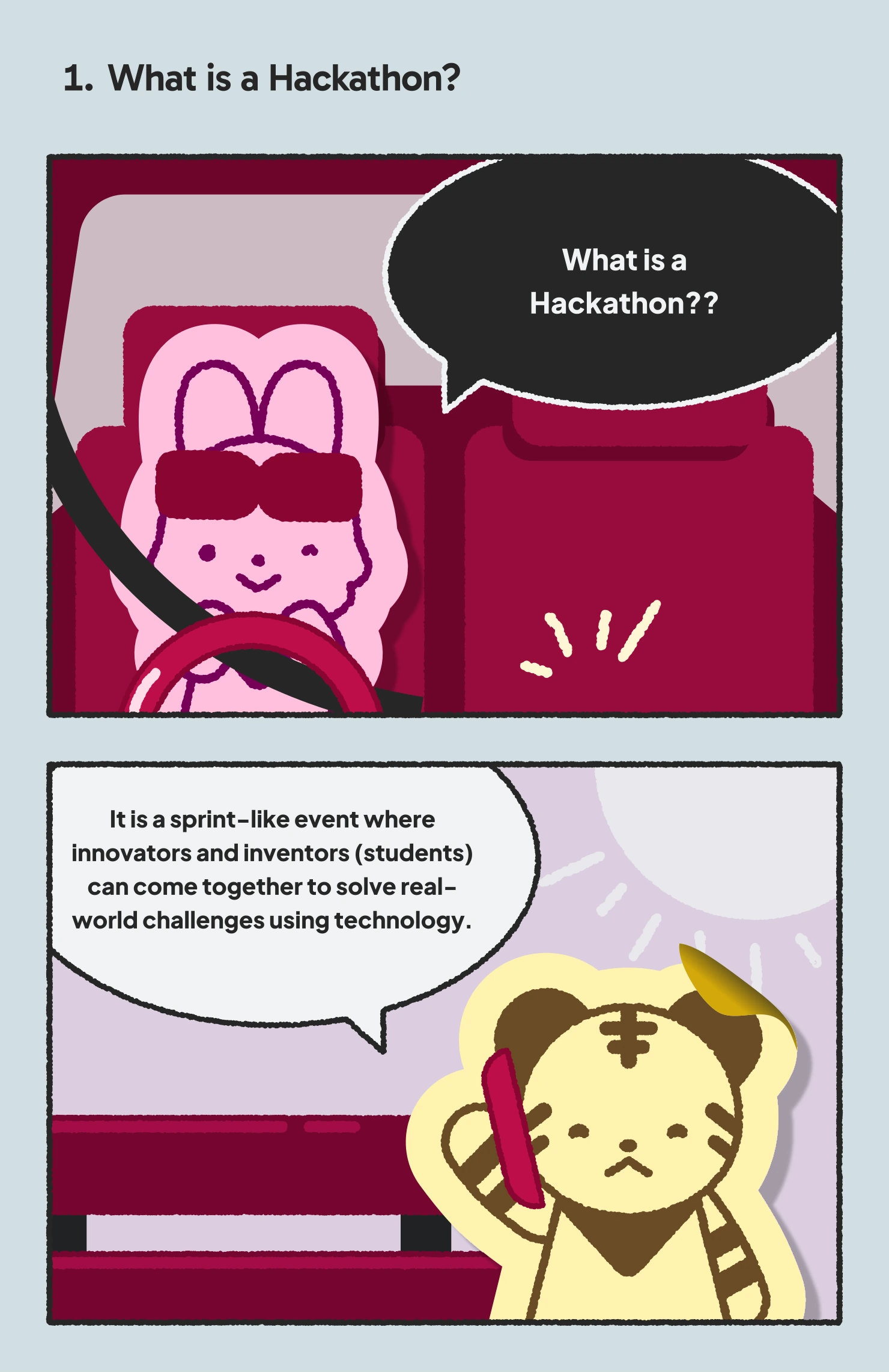 Comic 1: What is a Hackathon? It is a sprint-like event where innovators and inventors (students) can come together to solve real-world challenges using technology.